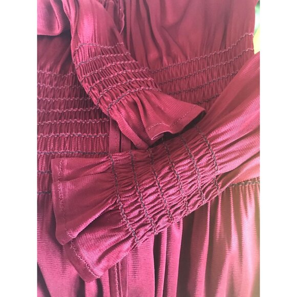 Vintage 1970's Burgundy Zainit London Maxi Dress Plunging Neckline Smocked Waist - Picture 9 of 9